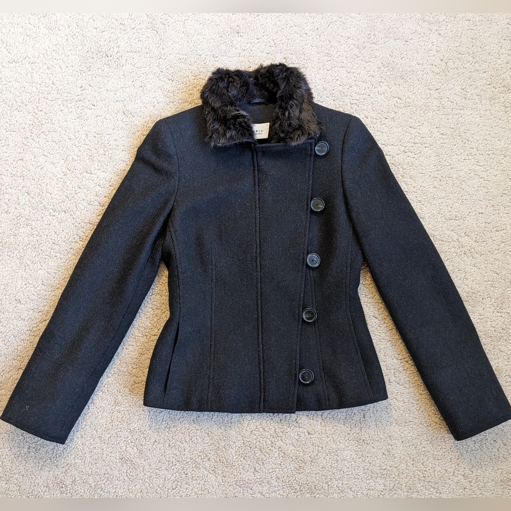 Akris Punto Fox Fur Collar 100% Wool Button Dark Grey Blazer Sz 36
